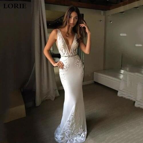 LORIE Mermaid wedding dress 2020 V Neck Appliqued Lace Bride Dress See Through Back Soft Satin Wedding Gowns Vestido de Voiva