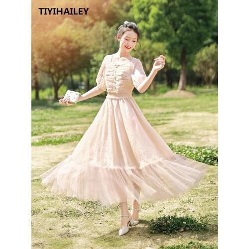 TIYIHAILEY Free Shipping 2021 Fashion Women Chiffon Gauze Patchwork Long Maxi Lantern Sleeve Summer Boshow Bohemian Dress S-L
