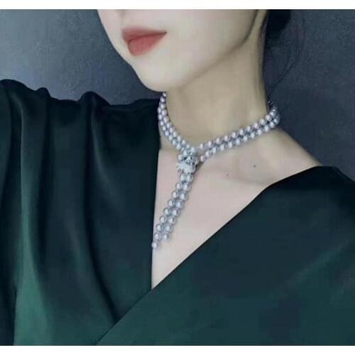 Hand knotted 8mm gray shell pearl necklace micro inlaid zircon button sweater chain long 105-110cm fashion jewelry