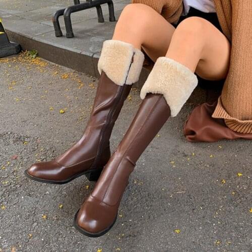 Women Winter Round Toe Handmade Genuine Leather Stretch Fabric Knee High Long Boots Low Platform Chunky Heel Fur Decorated Boots