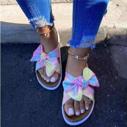 2021 Leopard Rainbow Color Bowknot Low Weight Summer Sandals for Women EVA Female Thick Bottom Beach Slides