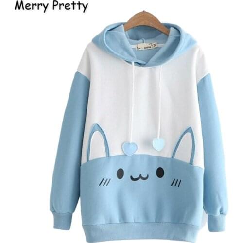 Merry Pretty Cotton Womens Cartoon Rabbit Print With Ears On Hooded Tracksuit 2021 Winter Long Sleeve Cute Hoodies Sweatshirts