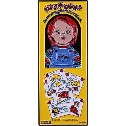 Evil doll Chucky in the Good Guys Box Lapel Pin Halloween Childs Play Badge Horror Movie Fans Must Have Collection