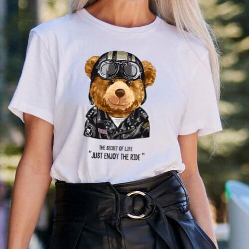 BLINGPAW Minimalist Women Graphics T-shirt Teddy Bear Short-sleeved Tops Tees O-Neck Casual Large Size 100% Cotton
