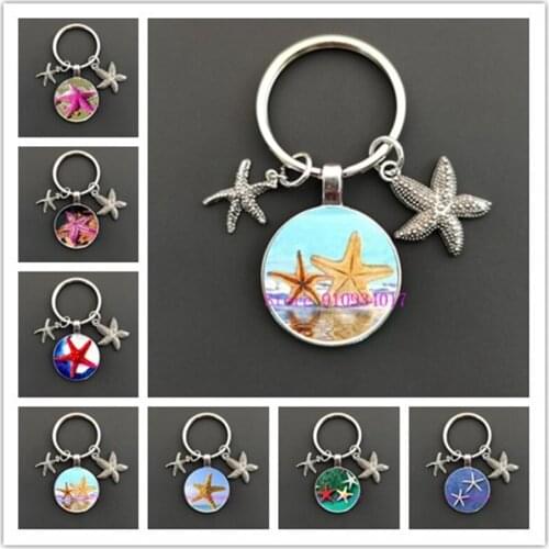 Pink Starfish Glass Cabochon Keychain Beautiful Sandy Beach Full of Starfish and Shells Summer Glass Key Ring for Women and Girl