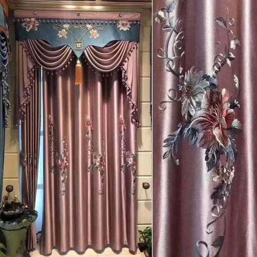 Europen Luxury Embroidered Curtain for Bedroom Semi-Blackout Silk Delicated Pink Floral Fabric French Window Drapes JS306C