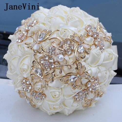 JaneVini Luxury Custom Ivory Bridal Bouquets BlingBling Beaded Crystal Artificial Satin Roses Wedding Flowers Bouquet De Mariee