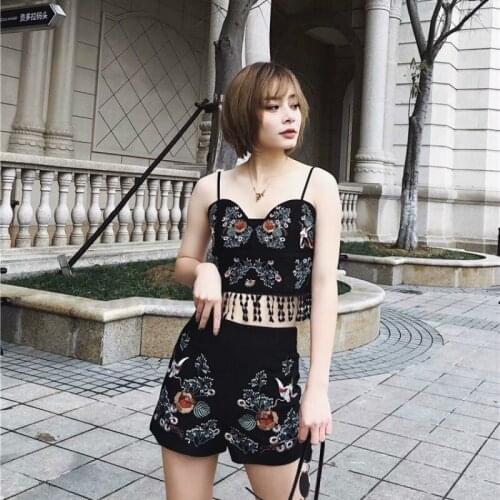 Set female 2019 summer new casual fashion flower embroidery sling top slim high waist shorts temperament womens two-piece suit