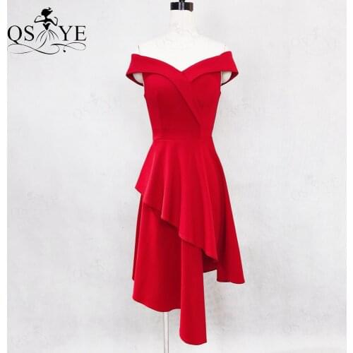 Red Short Prom Dresses Off Shoulder Evening Gown A Line Stretch Party Formal Gown Ruffles Women Short Dress Asymmetrical Vestido