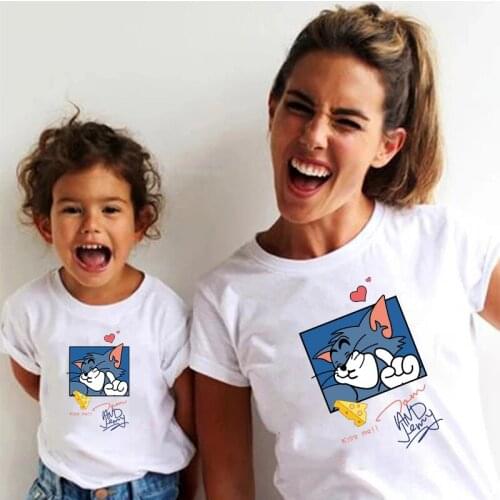 Summer Family Comfortable Outfits Kawaii Minimalist Style White T-shirts Funny Cartoon Graphics Printed Short-sleeved Pulovers