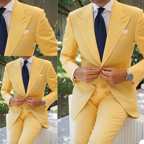 Fashion Yellow Slim Fit Men Suits Wedding Tuxedos Costume Groom Business Party Prom Best Men Blazer 2 Pieces