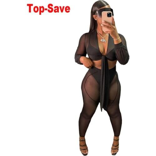 Fashion Mesh See-Through Casual Suit Women Two Piece Set Plus Size Long Sleeve Top Beach High Waist Pencil Pants Matching Sets