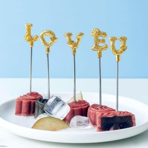 Stainless Steel Silver Gold Fruit Forks Set With Letter Stainless Steel Food Pick Forks Kichen Tool