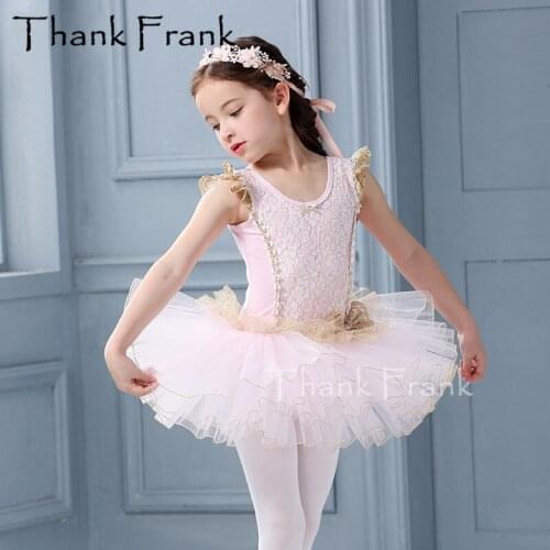 New Pink Ballet Dresses Girls Golden Lace Swan Lake Tutu Ballet Costume Kids Bow Ballerina Clothes Children Princess Dance Dress