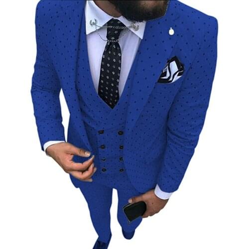 New Mens Poika Dot Suit 3-Pieces Blue Suit With Pant Designs Notch Lapel Tuxedos Groomsmen For Wedding/party(Blazer+vest+Pants)