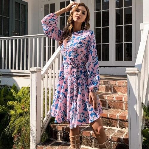 OEM Custom Pink Floral Spring Daily Dress Belted Lantern Sleeve Skirt Bishop Sleeve Boho Casual Dress