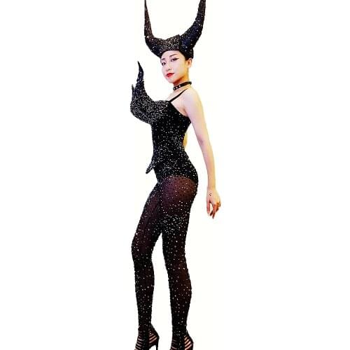 Horns Decoration Women Shining Diamonds Jumpsuits Elastic Black Net Yarn Perspective Bodysuits Nightclub Bar Prom Party Costume