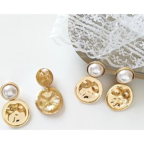 Geometric Gold Color Coin Imitation Pearls Earrings Women Wedding Bride Fashion Jewelry Double Round Disco Alloy Drop Earrings
