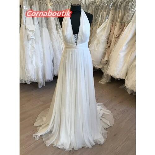 Vestido De Noiva Praia Chiffon COR-029 Halter Lace Pleat Summer Wedding Dress Low Back Robe Mairee Plus Size Custom Made