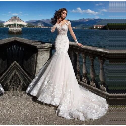 Mermaid Wedding Dresses with Long Sleeves Beach Bridal Gown Princess Lace with Sweep Train Robe Mariage