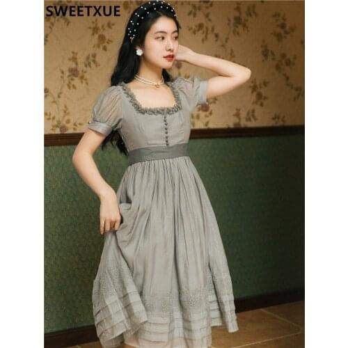 SWEETXUE 2021 Summer Retro Elegant Square Collar Lace Patchwork Dress Womens Elegant Sweet Lolita Chic Party Fairy Female