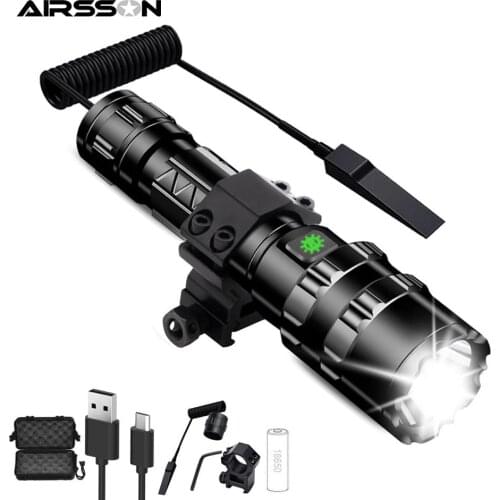 1600 Lumen Tactical Flashlight 5 Mode USB Rechargeable Torch Outdoor Hunting Weapon Gun Light with Rail Mount Pressure Switch