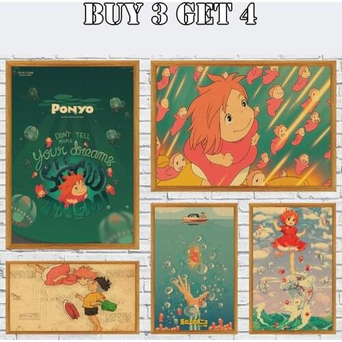 Vintage Poster Classic Hayao Miyazaki Ponyo On The Cliff Kraft Paper Poster Bar Cafe Home Wall Sticker