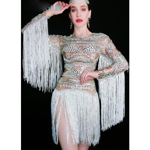 Women singer stage dance outfit sent tassels bodysuit party girl show wear