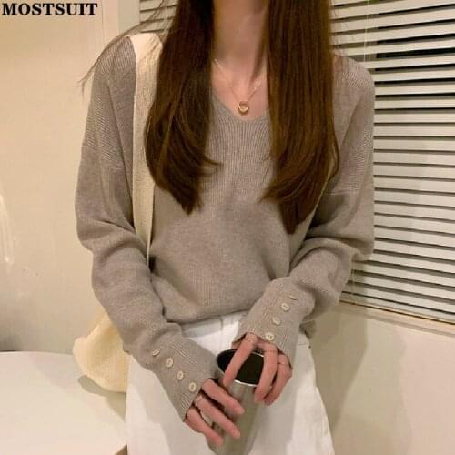 Autumn Solid Casual Knitted Pullover Sweater Women Full Sleeve V-neck Buttons Knitwear Tops Vintage Korean Loose Female Jumpers