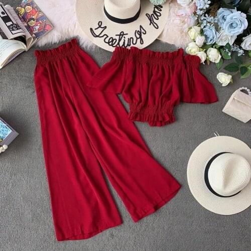 Women Summer Fashion Two Piece Set Sexy Slash Neck Short Sleeve Crop Top And Broad-legged Trouser 2021 New Ladies Solid Suit Set