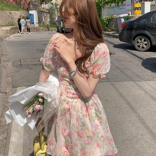 Elegant Floral Pink Dress Women Korean Princess Fairy Sweet Dress Short mini Chic Designer Puff Sleeve Casual Dress New Summer