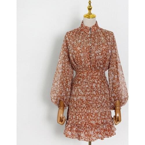 SeeBeautiful Print Stitching Ruffles Hem Loose Dress Stand Lantern Sleeve Pleated Button Women Summer 2021 New Fashion G113