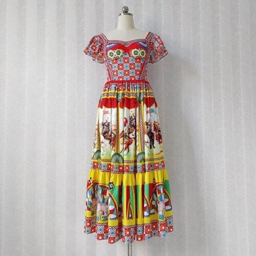 Vintage Retro Dress 2021 Autumn Style Women Sexy Square Collar Exquisite Print Pleated Patchwork Mid-Calf Length Casual Dress