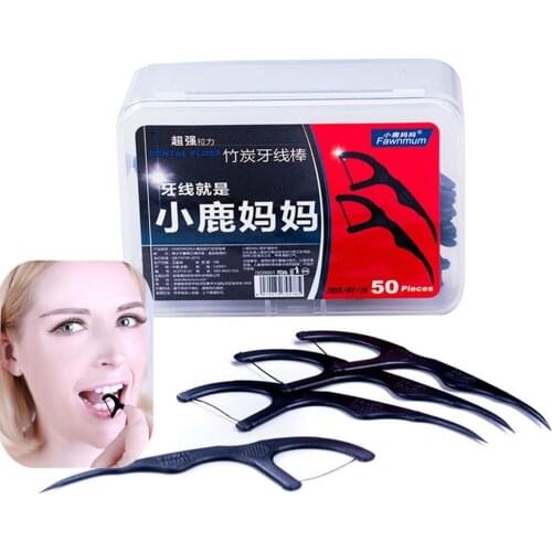 50pcs/Box Bamboo Charcoal Black Dental Floss Teeth Stick Tooth Picks Interdental Brushes Clean Toothpick Flosser Oral Care Tool