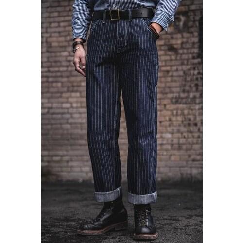 Firmranch Men/Women American Vintage 90s Hommes Jeans For Men 2021 Striped Denim Jeans Amekaji Suspenders American Work Pants
