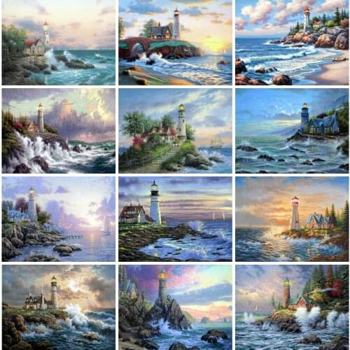 EverShine 5D Diamond Painting Full Square House Diamond Embroidery Lighthouse Cross Stitch Landscape Mosaic Kits Wall Decor