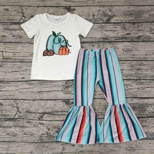 Autumn Girls Halloween New Big Pumpkin Blue Orange Print White T-shirt Serape Stripe Bell Bottoms Stock Wholesale Set Clothes