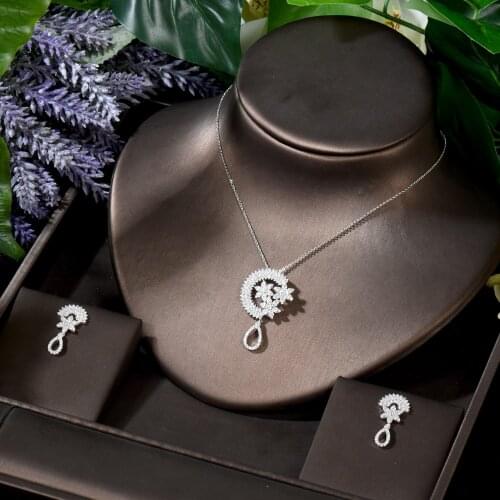 HIBRIDE Luxury Leaf Flower Water Drop Women Wedding Cubic Zirconia Necklace Earring Dubai Jewelry Set boucle d'oreille N-1750