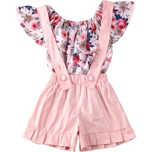 1-6Y Summer Cute Toddler Baby Girls Clothes Sets 2pcs Off Shoulder Flowers T Shirts Tops+Bib Shorts Overalls