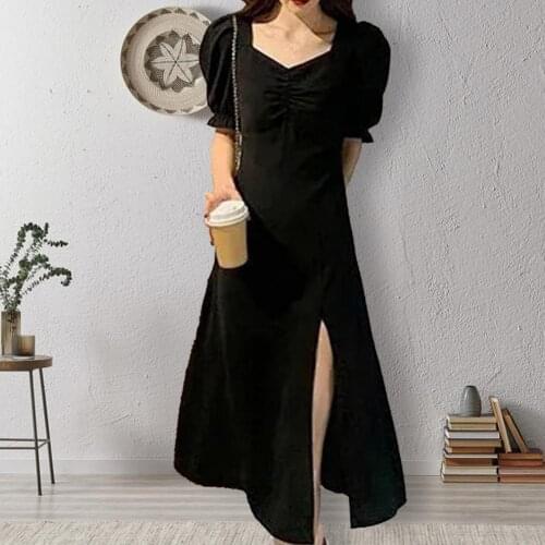 Hot Sales!! Women Dress Puff Sleeve Split Design Polyester French Style Sexy Summer Dress for Date