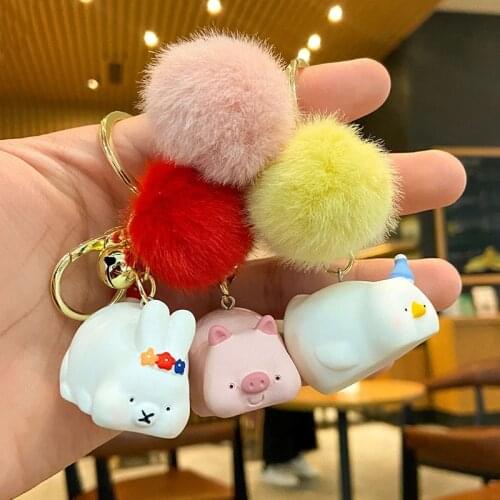 Cute Duck Pig Rabbit Keychain Funny Pompom Ball Animal Key Chain Resin Keyring Couple Children Jewelry Gift Bag Pendant Ornament