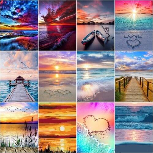 RUOPOTY 60x75cm Frame DIY Painting By Numbers For Adults Seaside Sunset Scenery Drawing Coloring By Numbers For Home Decor