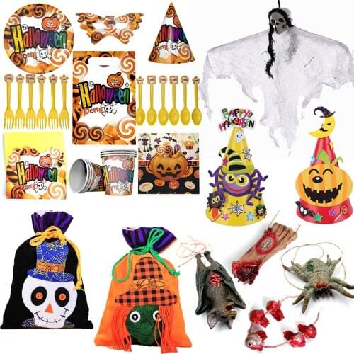 Halloween Decoration Disposable Tableware Set Horror Pumpkin Skeleton Witch Prop Hanging Pendant Drawstring Bag Home Party Favor