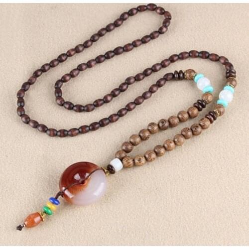 New Retro Bodhi Pendant Wood Bead Necklace Long Wooden Sweater Chain Cotton And Linen Pendant For Women Men Jewelry Gifts