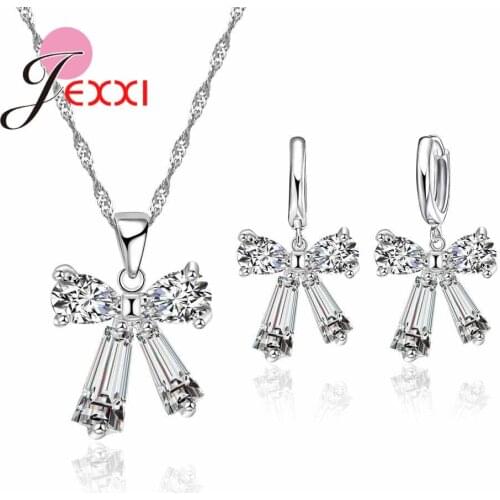 New Pure Fine 925 Sterling Silver Jewelry Sets Austrian Crystal Bowknot Pendant Necklaces Earrings Women Set