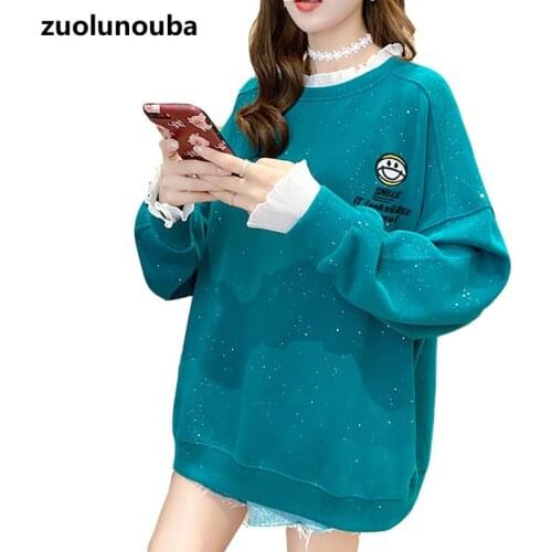 2020 Autumn Fake Two-piece Women Pullover Round Neck Lace Stitching Letter Embroidery Loose Casual All-match Ladies Sweatshirt