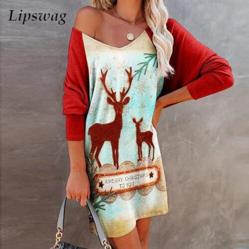 Autumn Fashion Smiley Christmas elk Print Lady A-Line Dress Spring Elegant V Neck Long Sleeve Dress New Women Casual Beach Dress