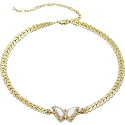 Blue Glass Pave Zircon Jewelry Leaves Chain Chunky Butterfly Necklace for Women