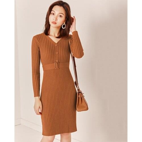 Classic Retro Soft Elastic V-neck Sweater Dress for Women Long Sleeve Casual Spring Autumn Vintage Sweater Female Brand Jumpers