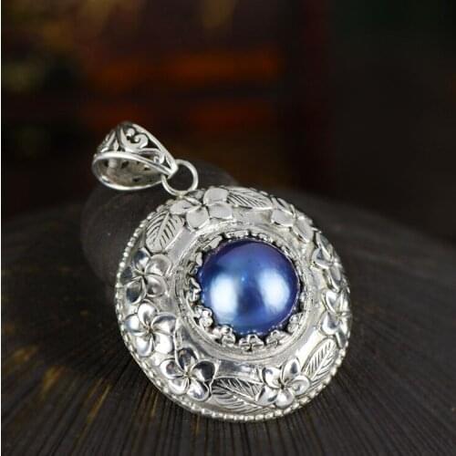 S925 silver inlaid jewelry bead mabe beads pendant natural pearl pendant delicate flowers Thai silver carved pendant free shippi